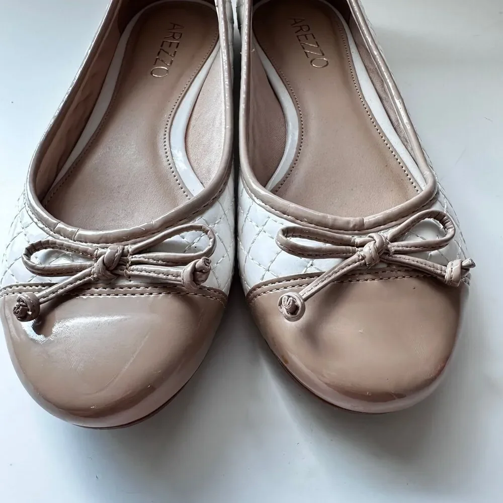 Arezzo Women's Bicolor Bow Ballet Flats Cream Beige Shoes Preppy Size 8